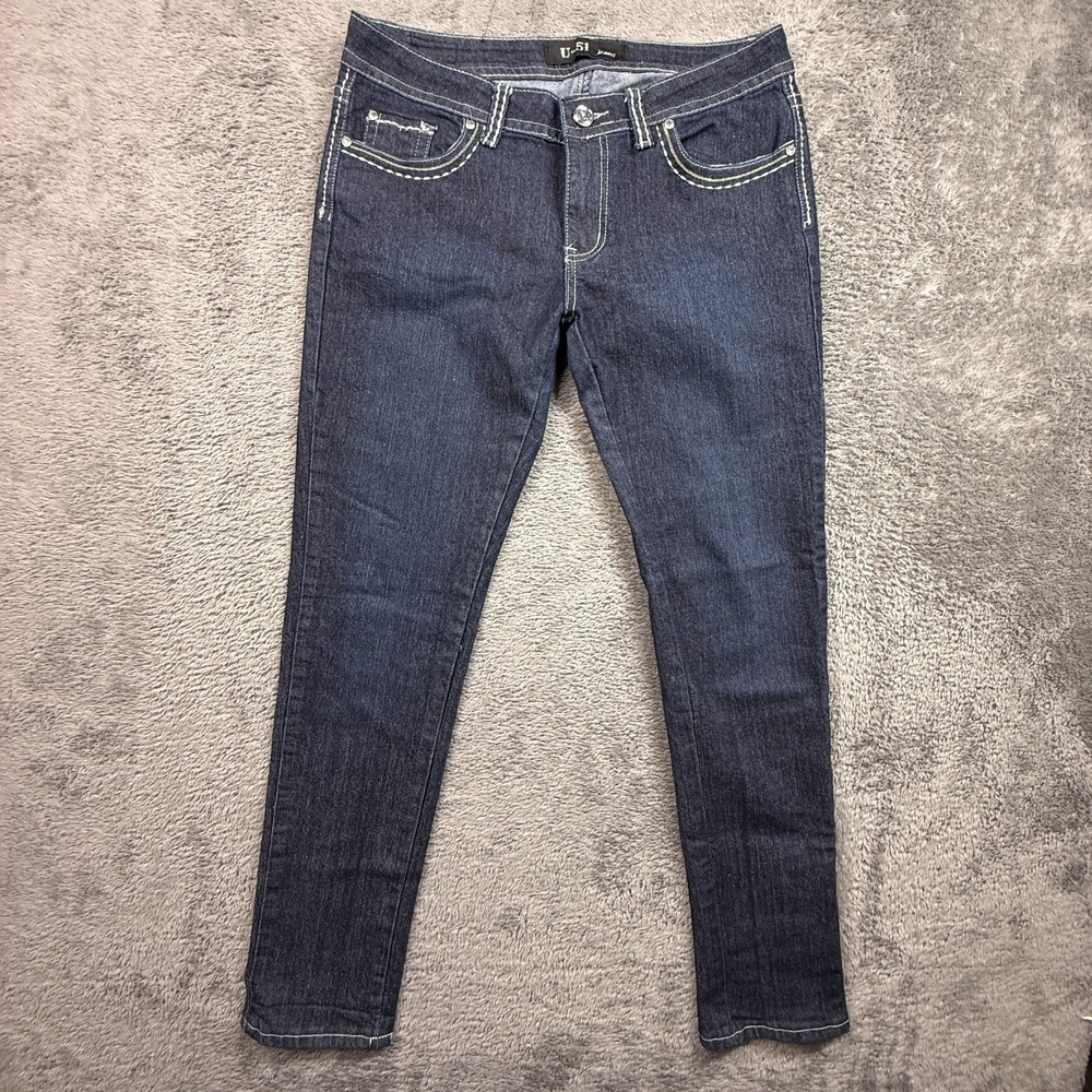 VTG Y2K U-51 Skinny Studded Flap Pocket Jeans Womens 32x30 Dark Wash Low Rise